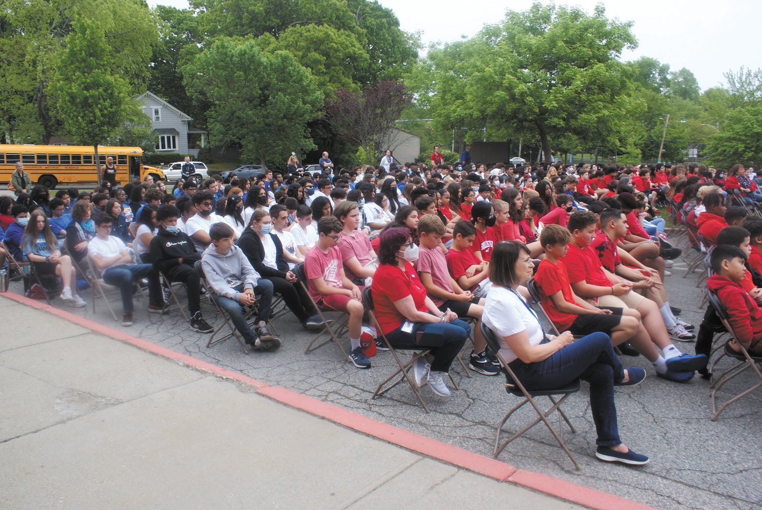 COLOR CODED: During the Memorial Day Ceremony at Park View, the student body wore different colors of the flag: six grade wore red, seventh grade wore white and eighth grade wore blue.